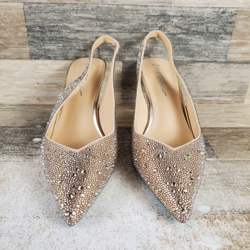 Betsey Johnson Clark Womens Pumps Sz 10 W Gold Slingback Kitten Heel Pointed Toe - Picture 2 of 10